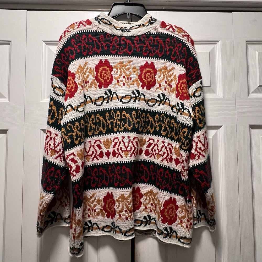 Vtg Carolina Colours Cream Acrylic Sweater Red Roses Green Floral Womens Large